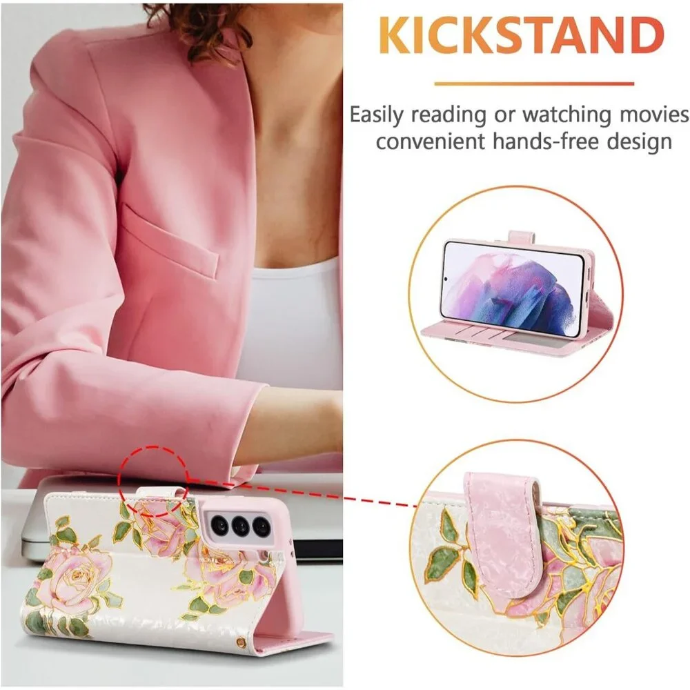 Wallet Case for Samsung Galaxy S24 5G – RFID Blocking PU Leather – White Rose